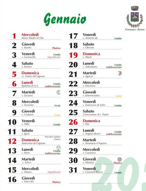 Calendario Mese di Gennaio 2025