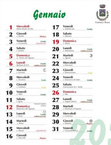 Calendario Mese di Gennaio 2025